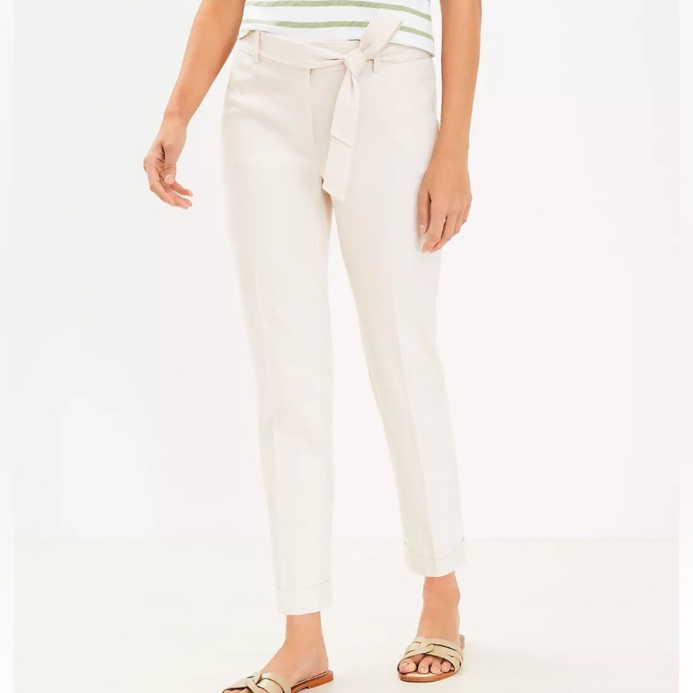 LOFT Devin Slim Curvy Fit Waist Tie Cream White Ankle Pants in Waist 30 | Size 2